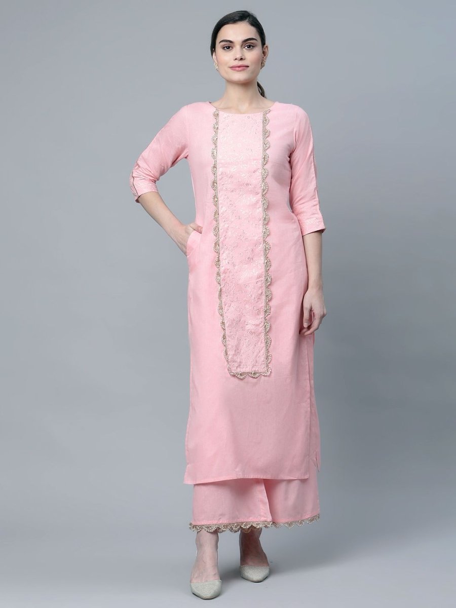 Ahalyaa Women's Baby Pink Pure Cotton Printed Kurta Palazzo Set | Swadesiicart