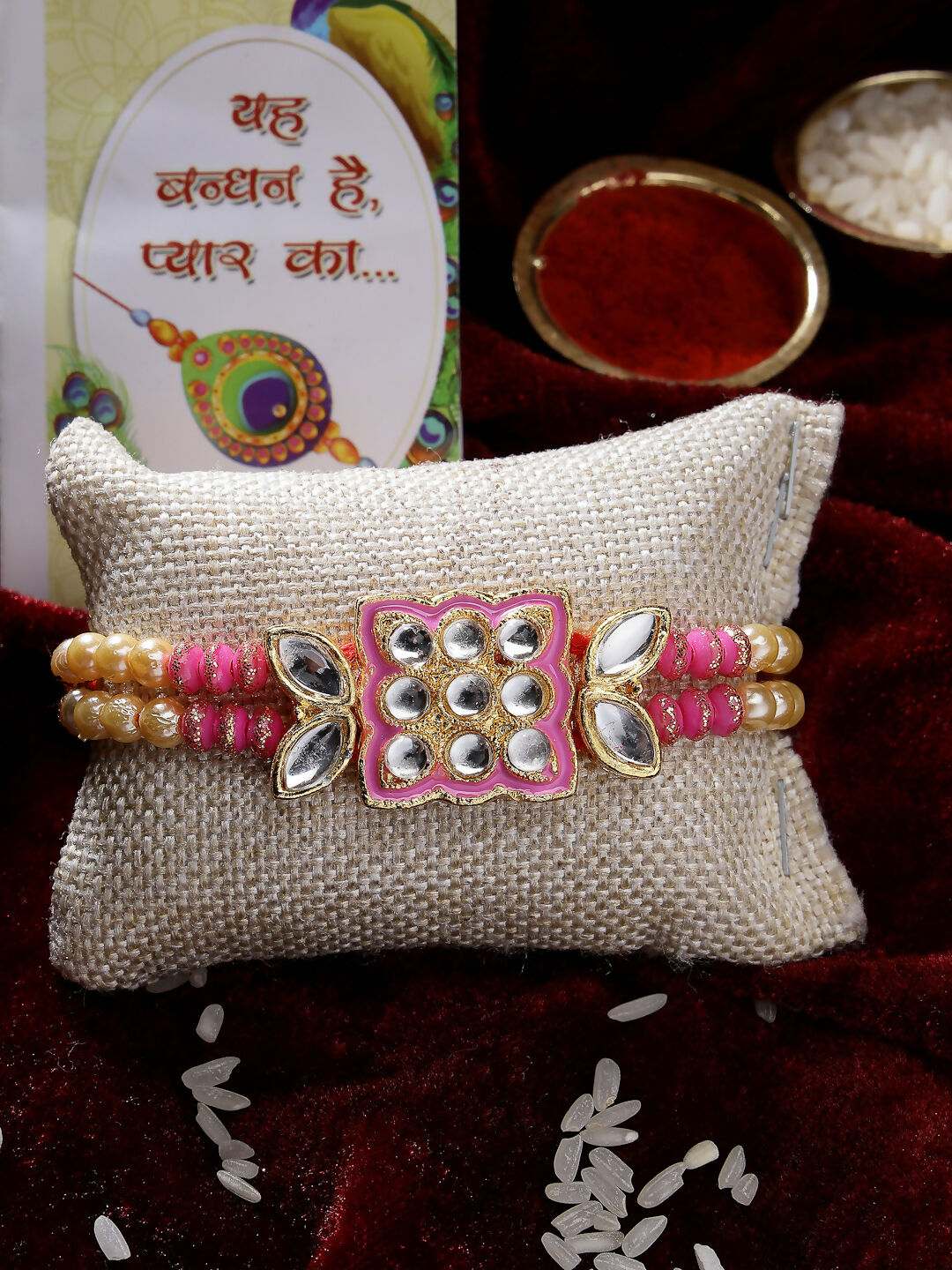 NVR Men Pink & Gold-Toned Kundan-Studded Rakhi With Roli Chawal | Swadesiicart