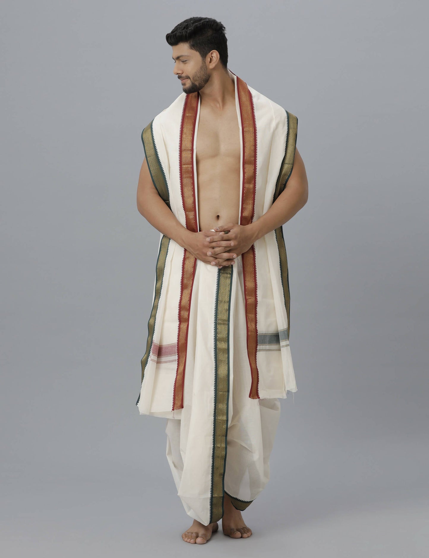 Indian Clothing Ramraj Cotton Mens Pure Cotton 5 Khan Jari 9 + 5 Kora Panchakacham Dhoti With Angavastram Set | Swadesiicart