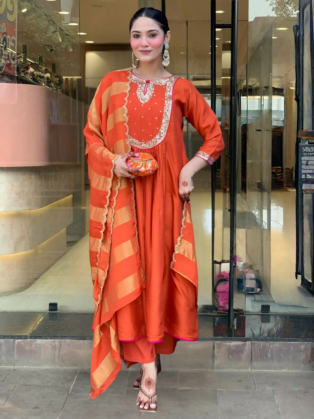 The52 Rust Women's Gorgeous Embroidered Work Chanderi Fabric Flared Kurta Pant and Dupatta Set - Swadesiicart