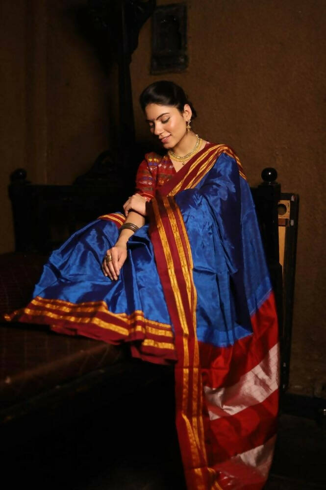 Very Much Indian Handloom Cotton Viscose Ilkal Saree - Royal Blue | Swadesiicart