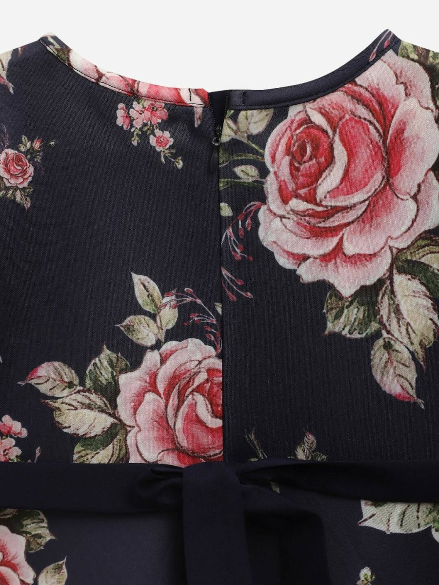 Ahalyaa Navy Blue Digital Print Floral Kids Dress For Girls | Swadesiicart