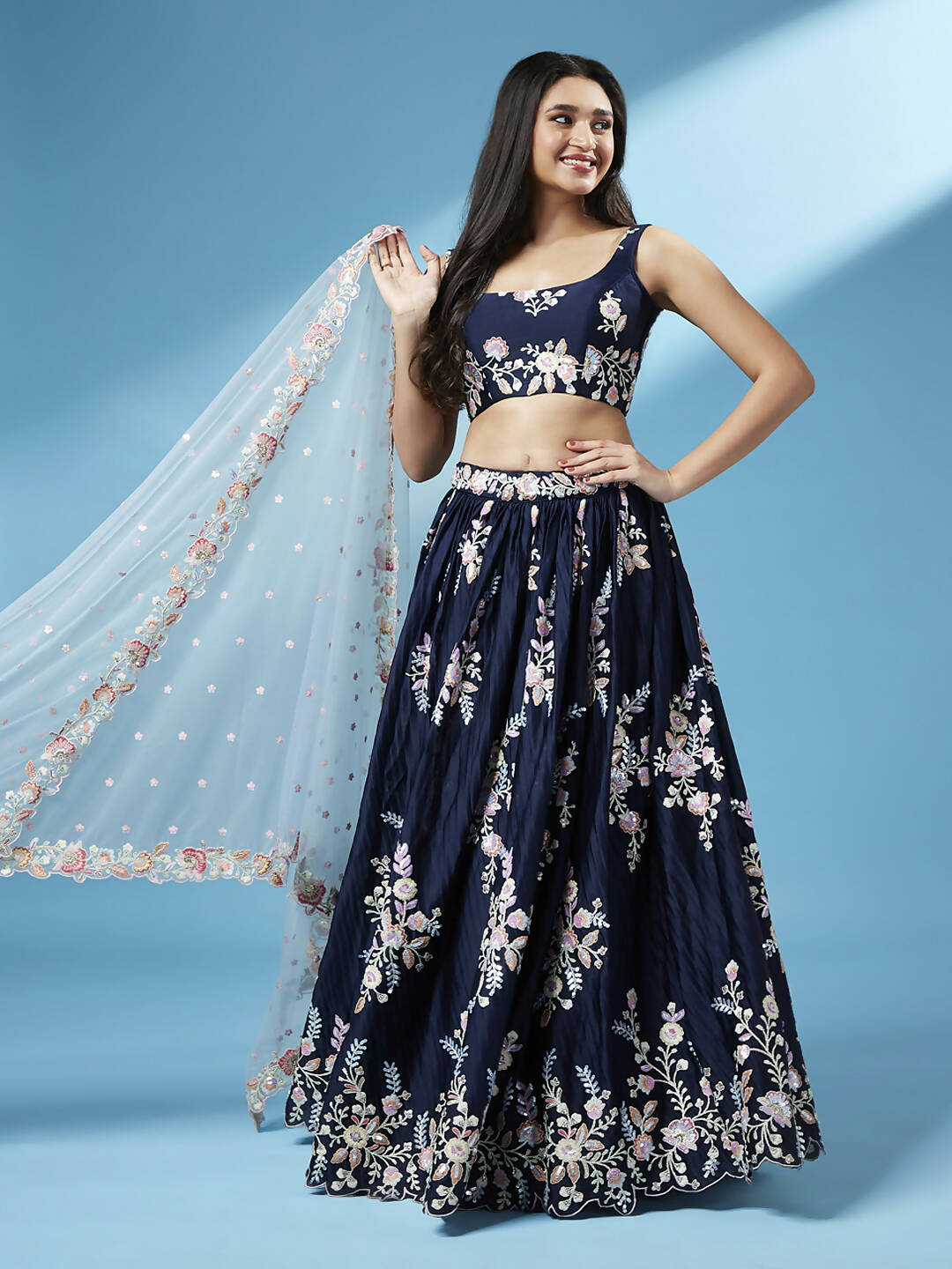 House of Panchhi Navy Blue Pure Georgette Thread & Sequinse Work Lehenga & Blouse, Dupatta | Swadesiicart