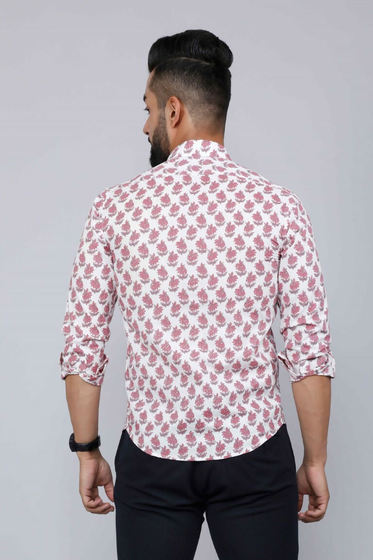 Miravan Men's White & Pink Spread Collar Floral Print Shirt | Swadesiicart