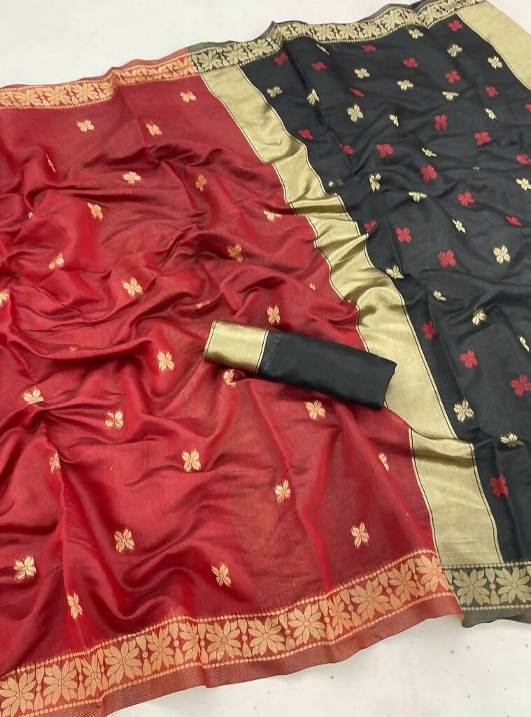 DEIANA'S Beautiful Designer Golden zari Soft Cotton Saree - Red - Swadesiicart