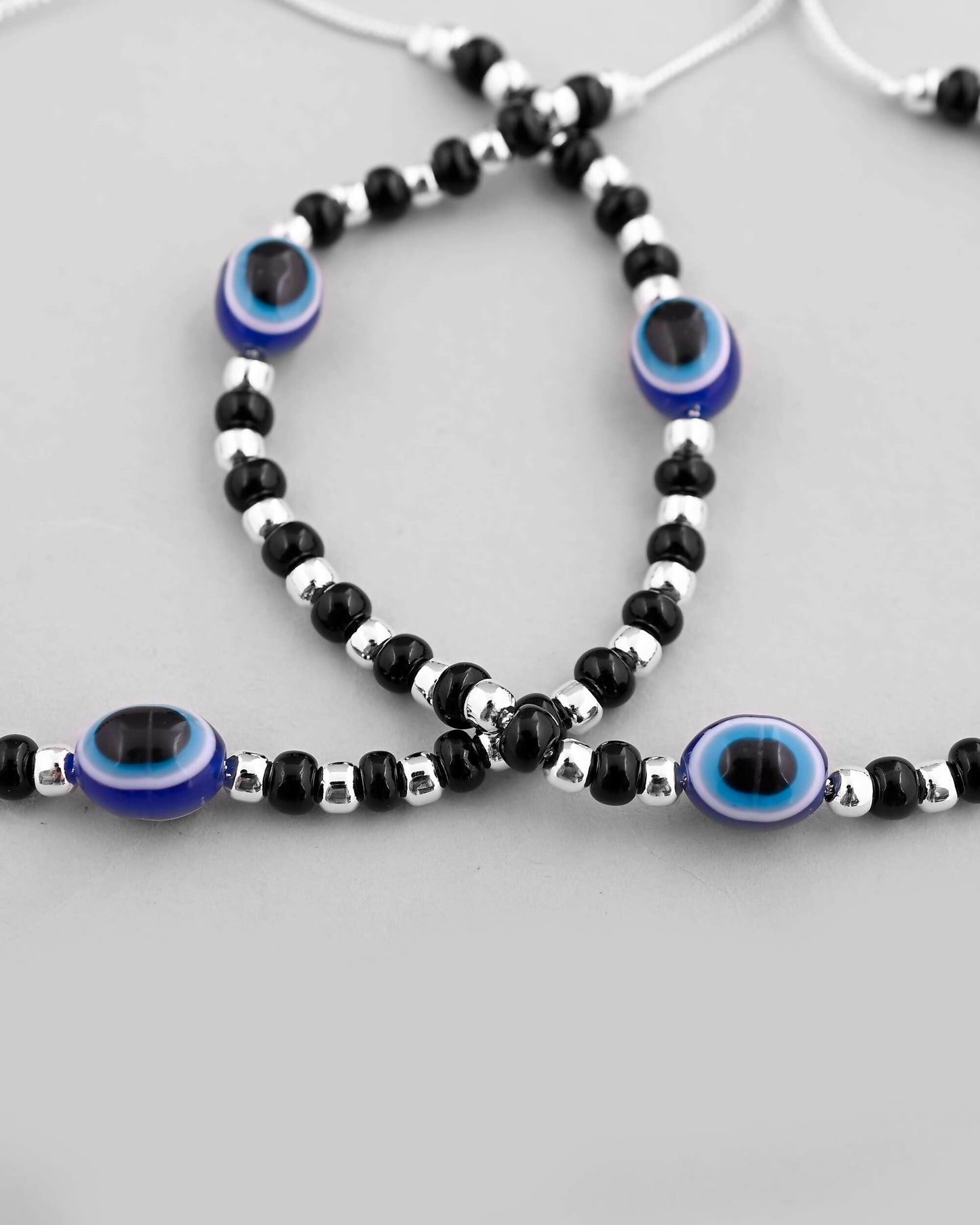 VOJ Set of 2 Silver Plated Evil Eye With Black And Silver Beads Anklet - Swadesiicart