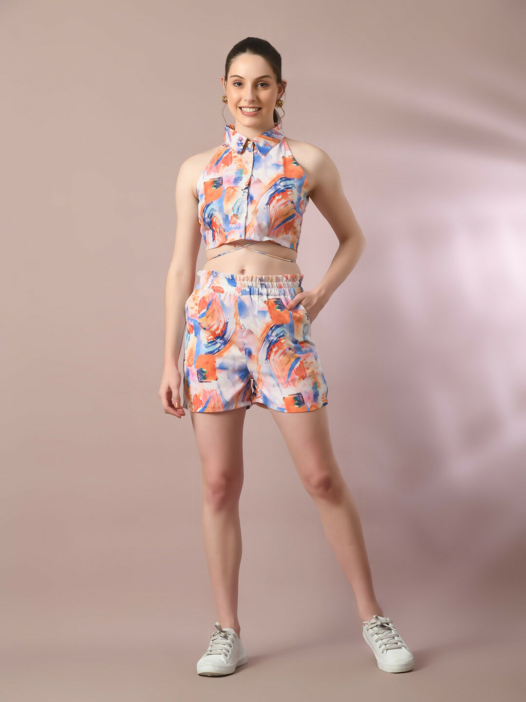 Myshka Women's Multi Printed Shirt Collar Party Top With Shorts Co-ord set - Swadesiicart