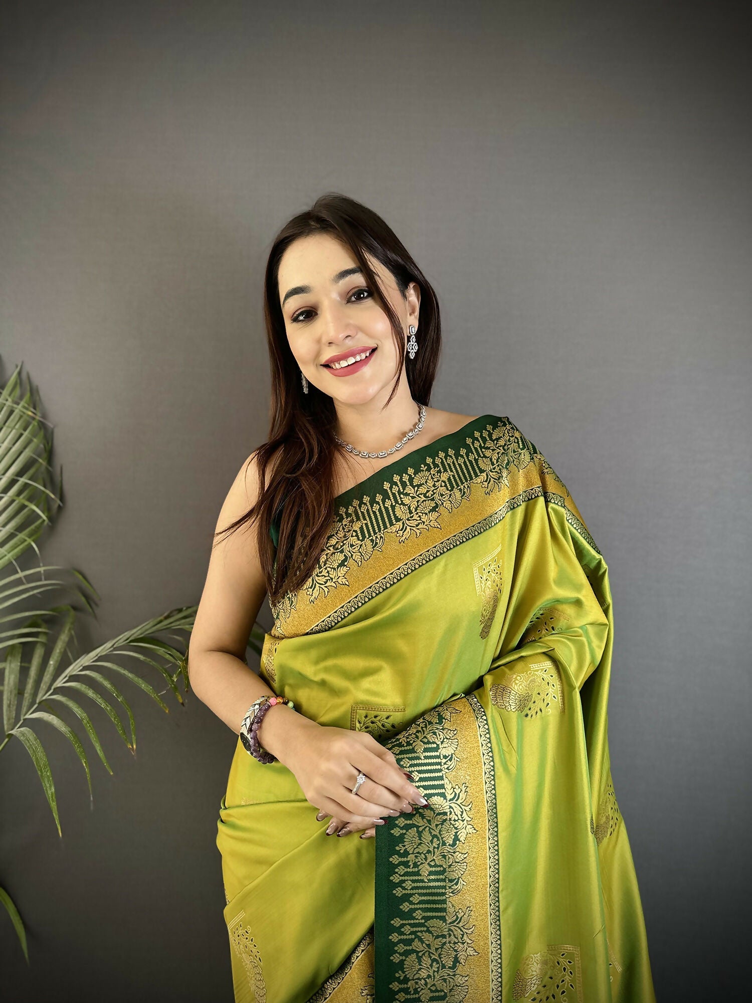 Joban Fashion Light Green Banarasi Soft Silk Peacock Butta Work Saree | Swadesiicart