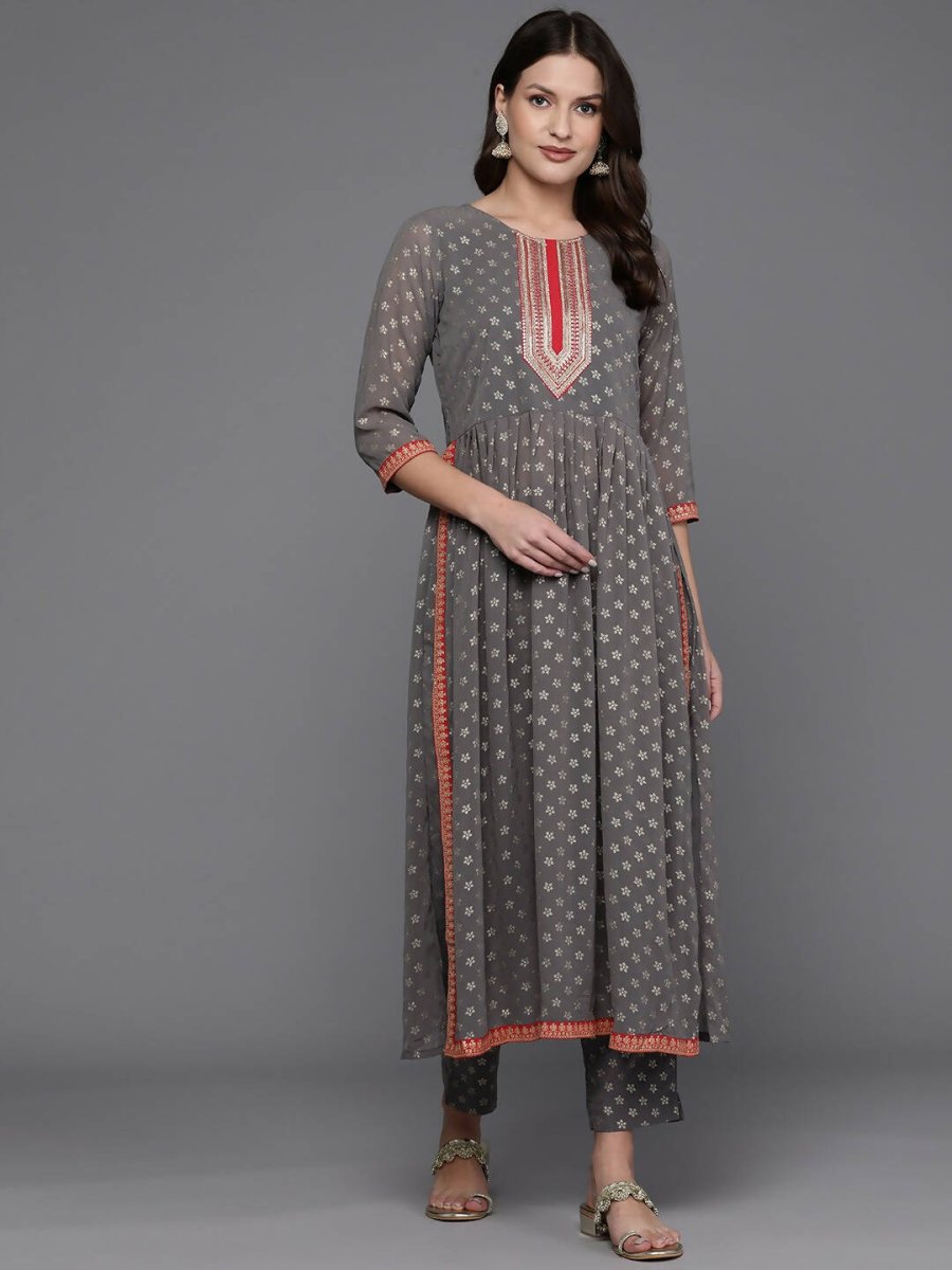Ahalyaa Women Ethnic Motifs Printed Pleated Sequinned Kurta with Trousers - Grey Color | Swadesiicart