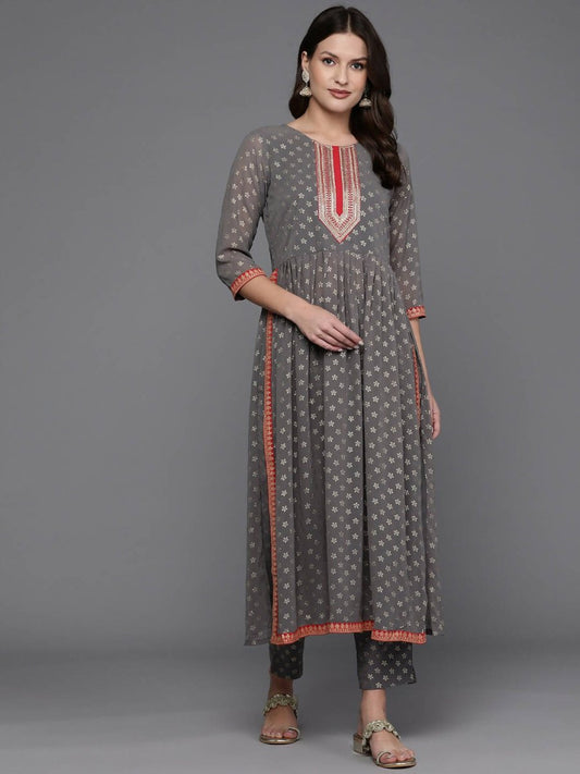 Ahalyaa Women Ethnic Motifs Printed Pleated Sequinned Kurta with Trousers - Grey Color | Swadesiicart