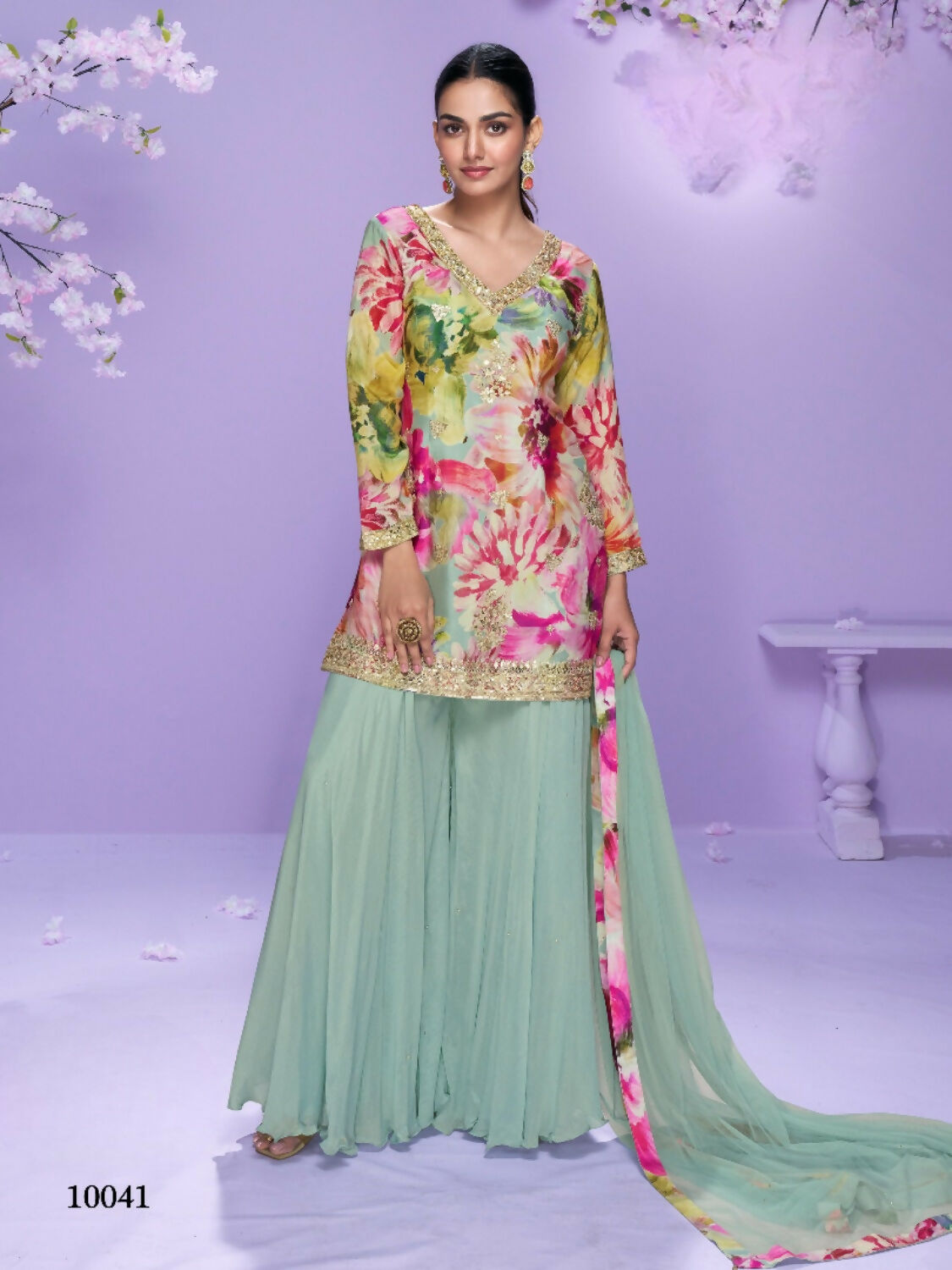 Anaita Sea Green Chinon Readymade Palazzo Suit with Digital Embroidery Work