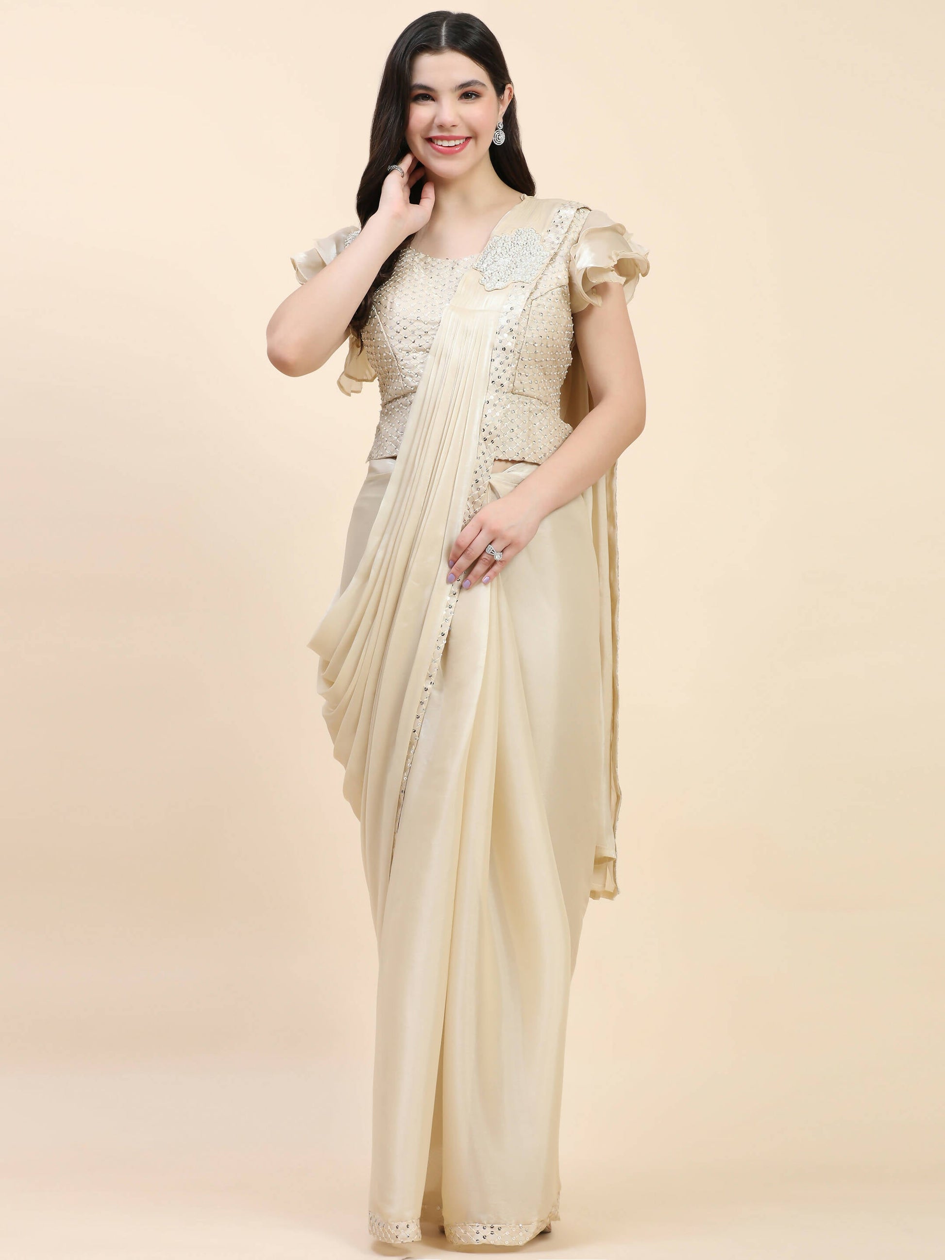 Beige Silk Satin Sequence Work Ready to Wear Saree with stitched Blouse - Nirvana | Swadesiicart