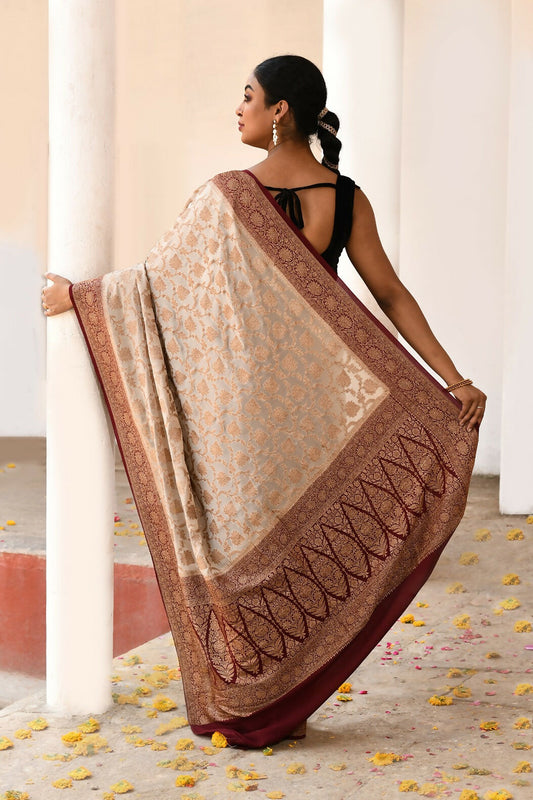 Joban Fashion Crème Crepe Chiffon Pure Handloom Banarasi Silk Saree | Swadesiicart