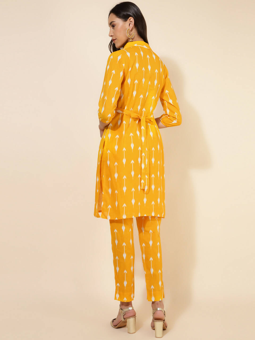 Janasya Women's Yellow Cotton Ikkat Printed Casual Straight Co-ords - Swadesiicart