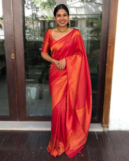 DEIANA'S Beautiful Designer Golden zari Soft Lichi Silk Saree - Red - Swadesiicart
