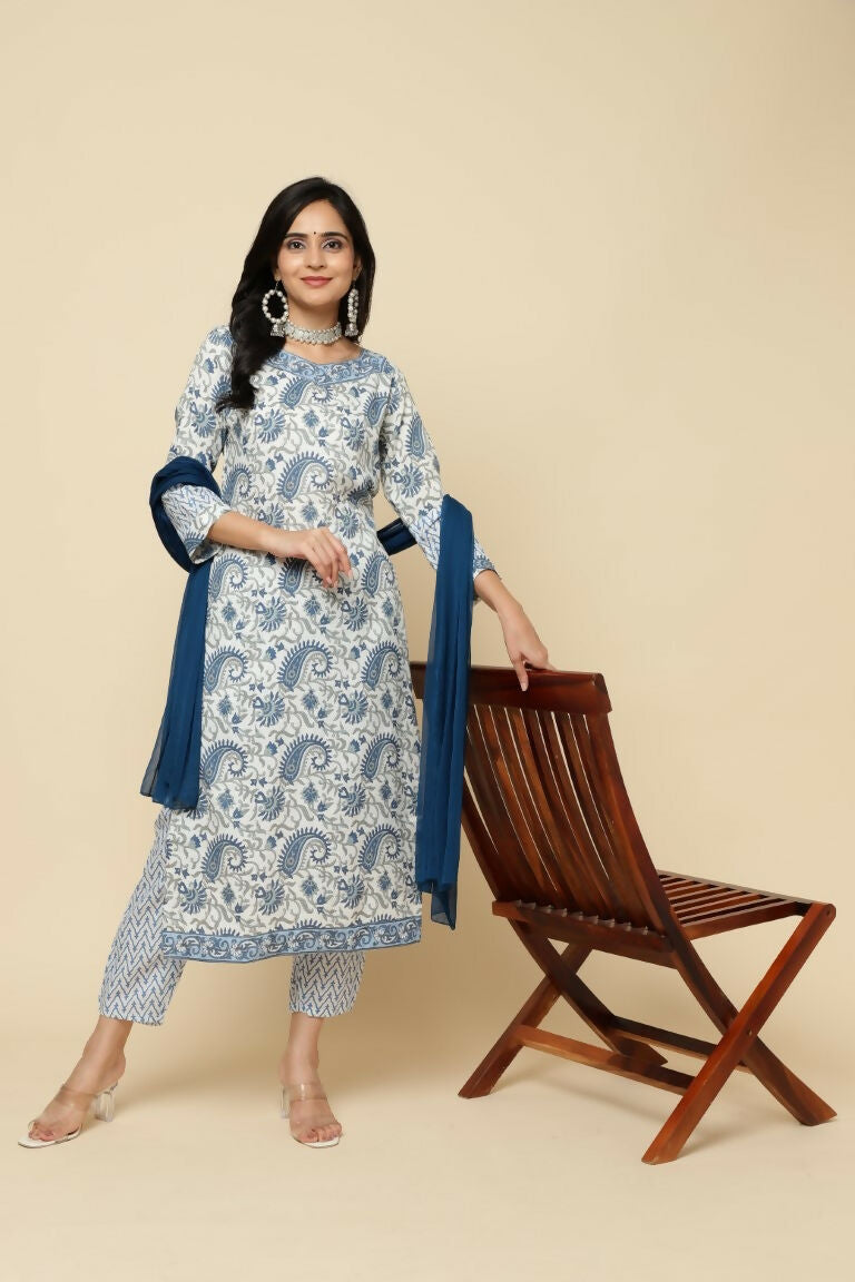 Designer Stylish White Keri cotton Stitched Suit With Dupatta - Tanisha | Swadesiicart
