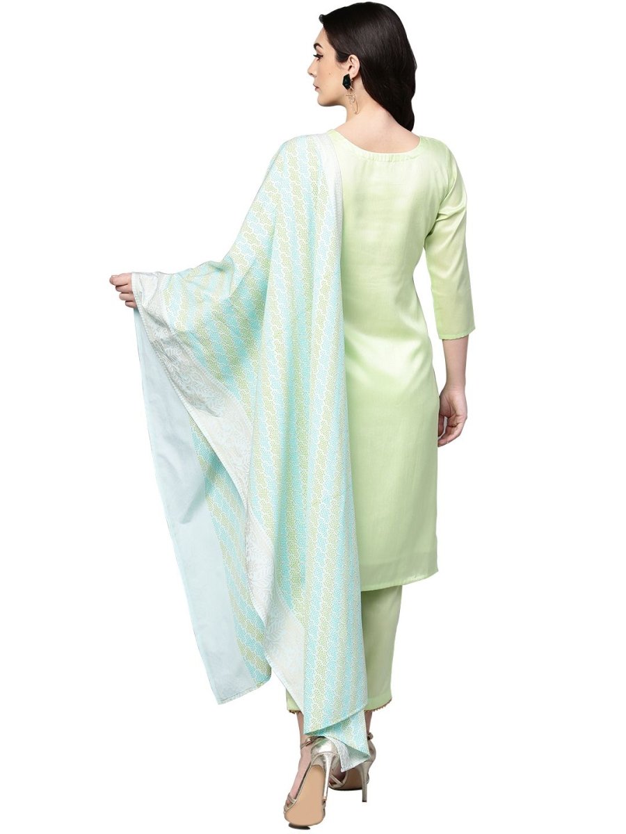 Ahalyaa Women's Sea Green Cotton Blend Solid Kurta Trouser Set With Dupatta | Swadesiicart