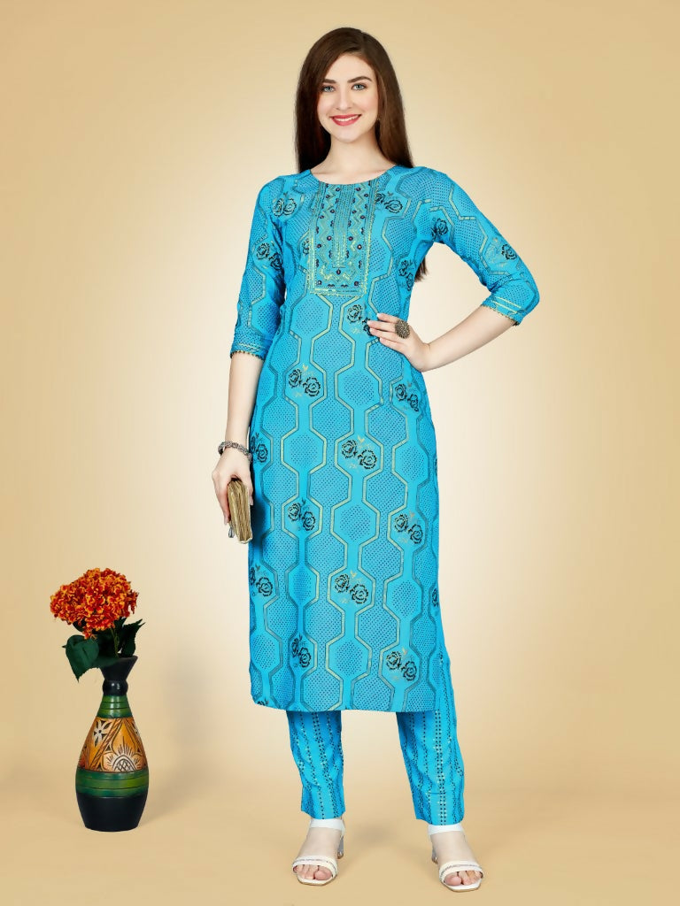 Jyoti Fashion Women's Sky Blue Viscose Rayon Embroidered Kurta Pant Set | Swadesiicart