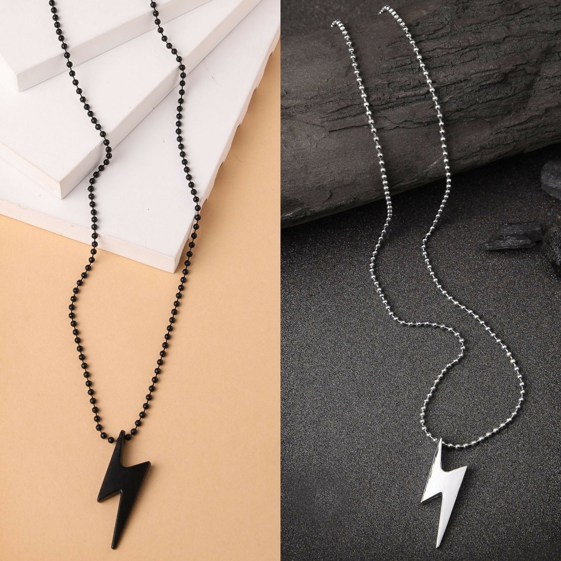 NVR Men's Set of 2 Black & Silver Flash Pendent With Chain - NR Retail-NVR