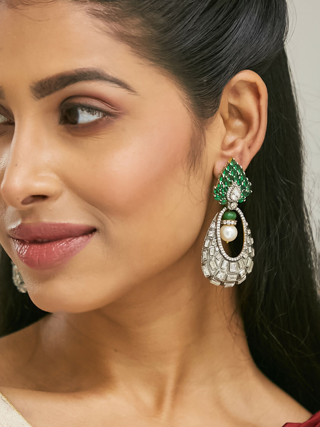 Nuyug 22K Gold-Plated Zircon Studded & Pearl Teardrop Shaped Dangler Earrings | Swadesiicart