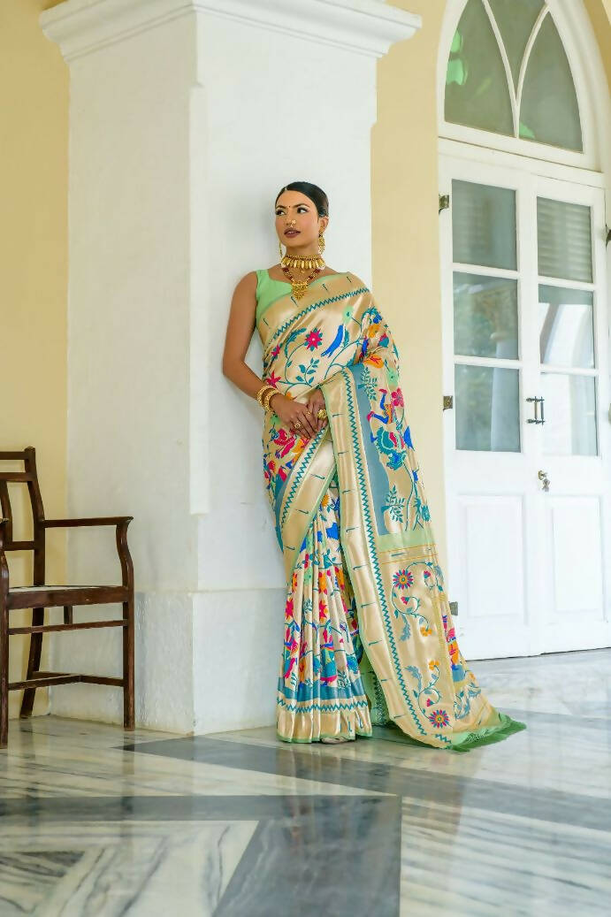 Vishnu Weaves Women's Pista Paithani Silk Zari Woven Saree with Unstitched Blouse - Swadesiicart