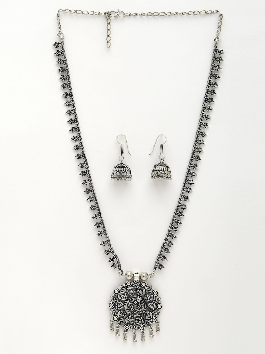 NVR Women's Silver-Toned Floral Shape Oxidized Necklace with Jhumka Earrings - Swadesiicart