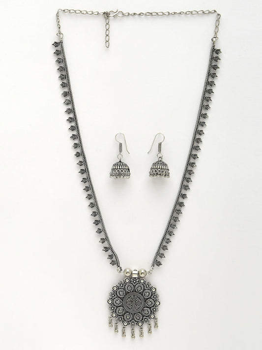 NVR Women's Silver-Toned Floral Shape Oxidized Necklace with Jhumka Earrings - Swadesiicart