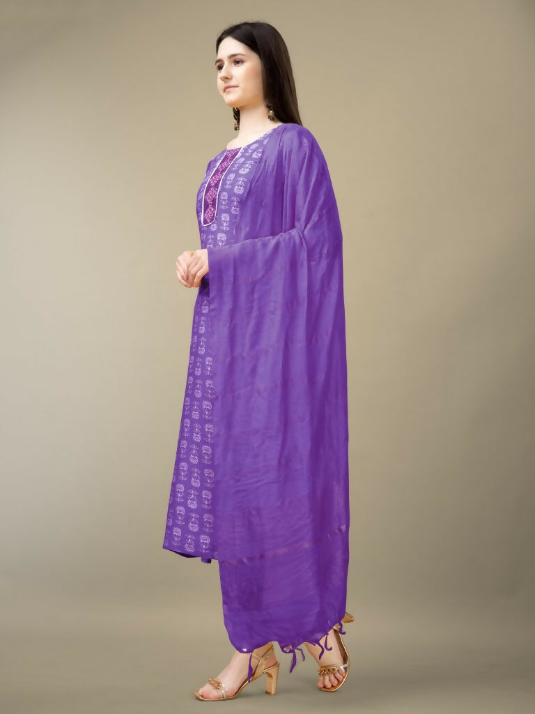Jyoti Fashion Women's Purple Rayon Embroidery & Sequence work Kurta with Trouser & Dupatta | Swadesiicart