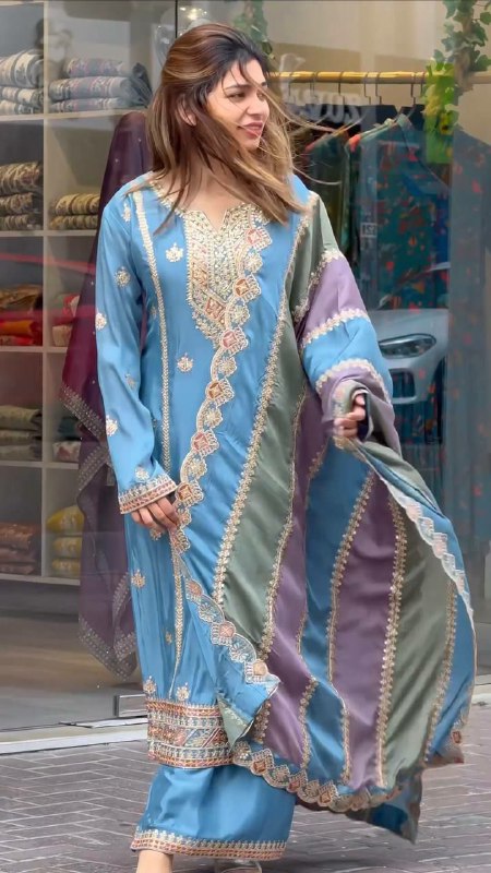 Prazu Fashion Sky Blue Faux Georgette Embroidered Palazzo Suit - Swadesiicart