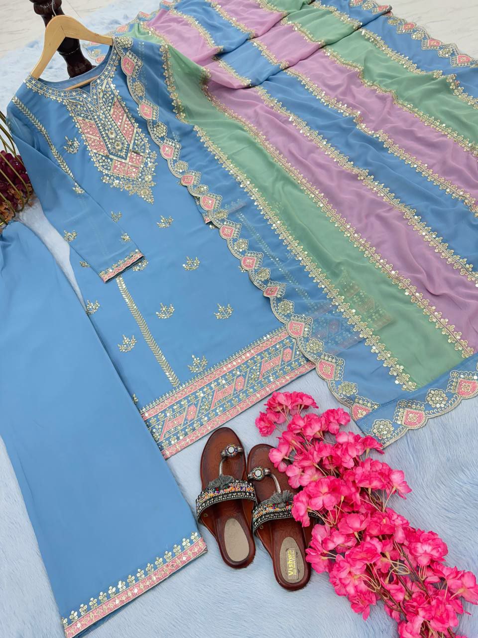 Prazu Fashion Sky Blue Faux Georgette Embroidered Palazzo Suit - Swadesiicart