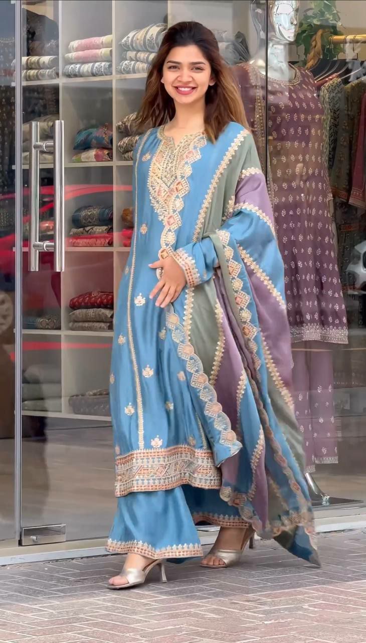 Prazu Fashion Sky Blue Faux Georgette Embroidered Palazzo Suit - Swadesiicart