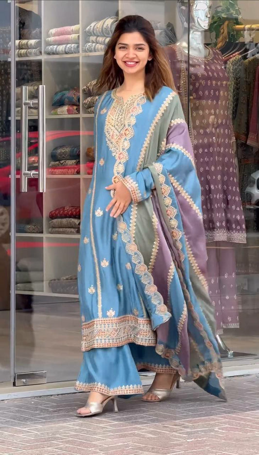 Prazu Fashion Sky Blue Faux Georgette Embroidered Palazzo Suit - Swadesiicart