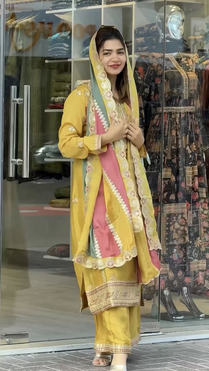 Prazu Fashion Yellow Faux Georgette Embroidered Palazzo Suit - Swadesiicart