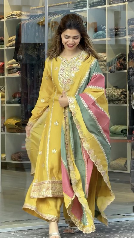 Prazu Fashion Yellow Faux Georgette Embroidered Palazzo Suit - Swadesiicart