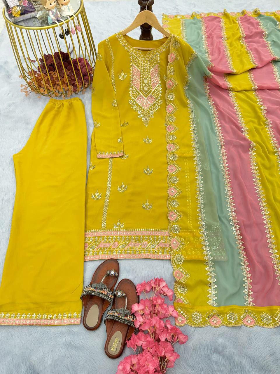 Prazu Fashion Yellow Faux Georgette Embroidered Palazzo Suit - Swadesiicart