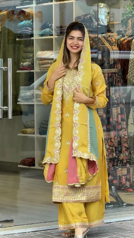Prazu Fashion Yellow Faux Georgette Embroidered Palazzo Suit - Swadesiicart