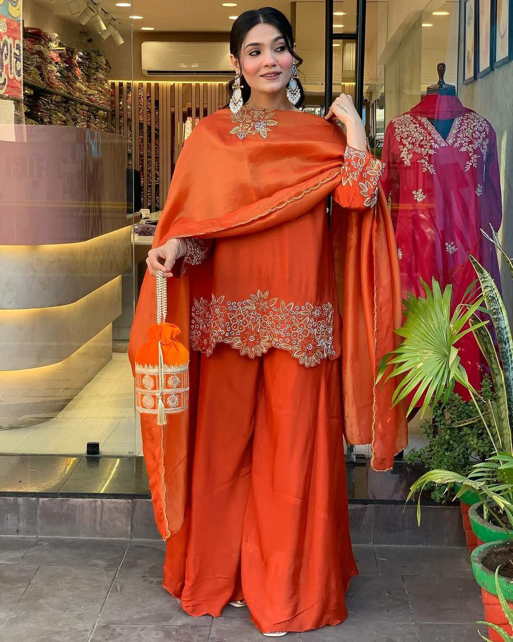 Prazu Fashion Designer Orange Georgette Embroidered Plazzo Suit - Swadesiicart