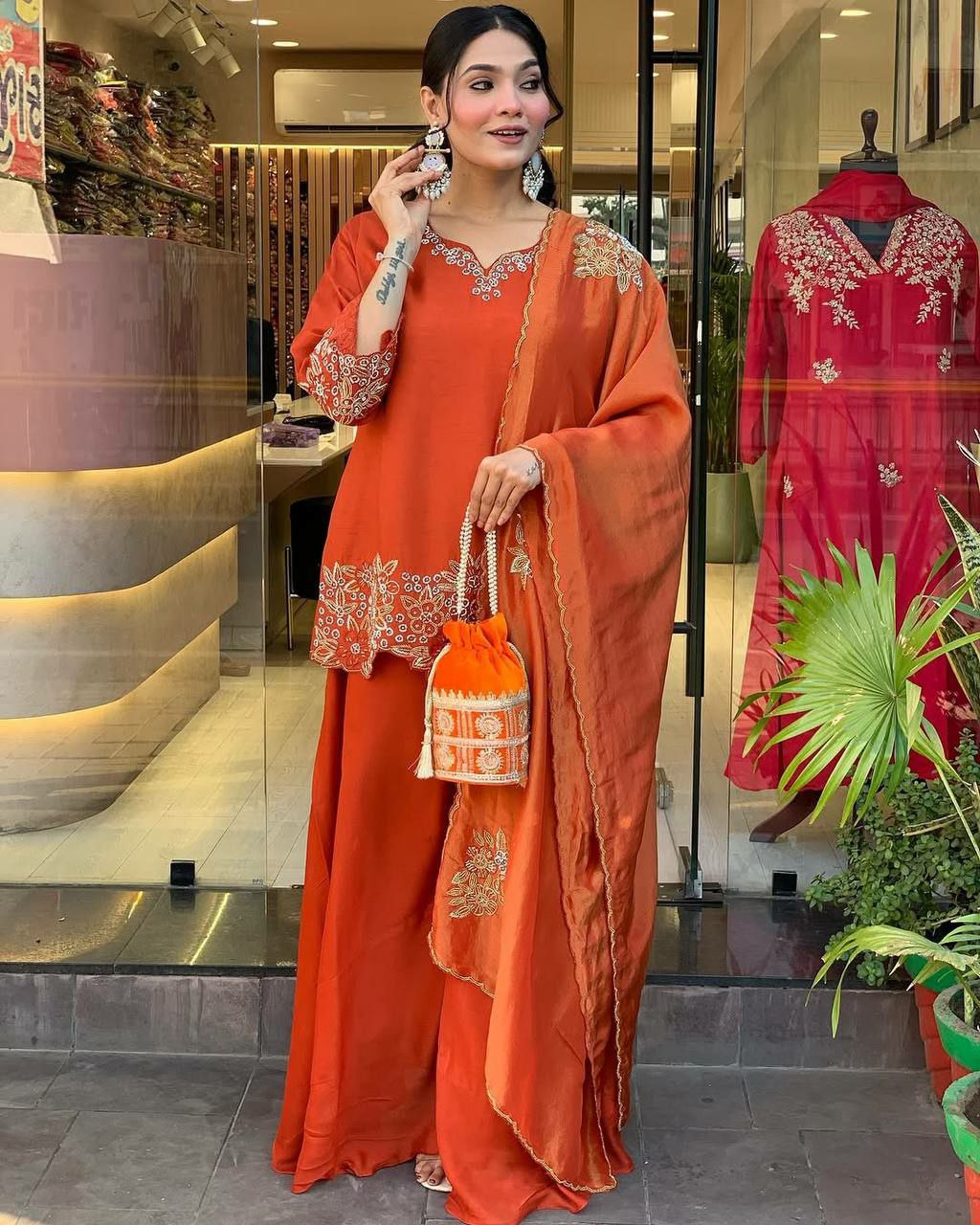 Prazu Fashion Designer Orange Georgette Embroidered Plazzo Suit - Swadesiicart