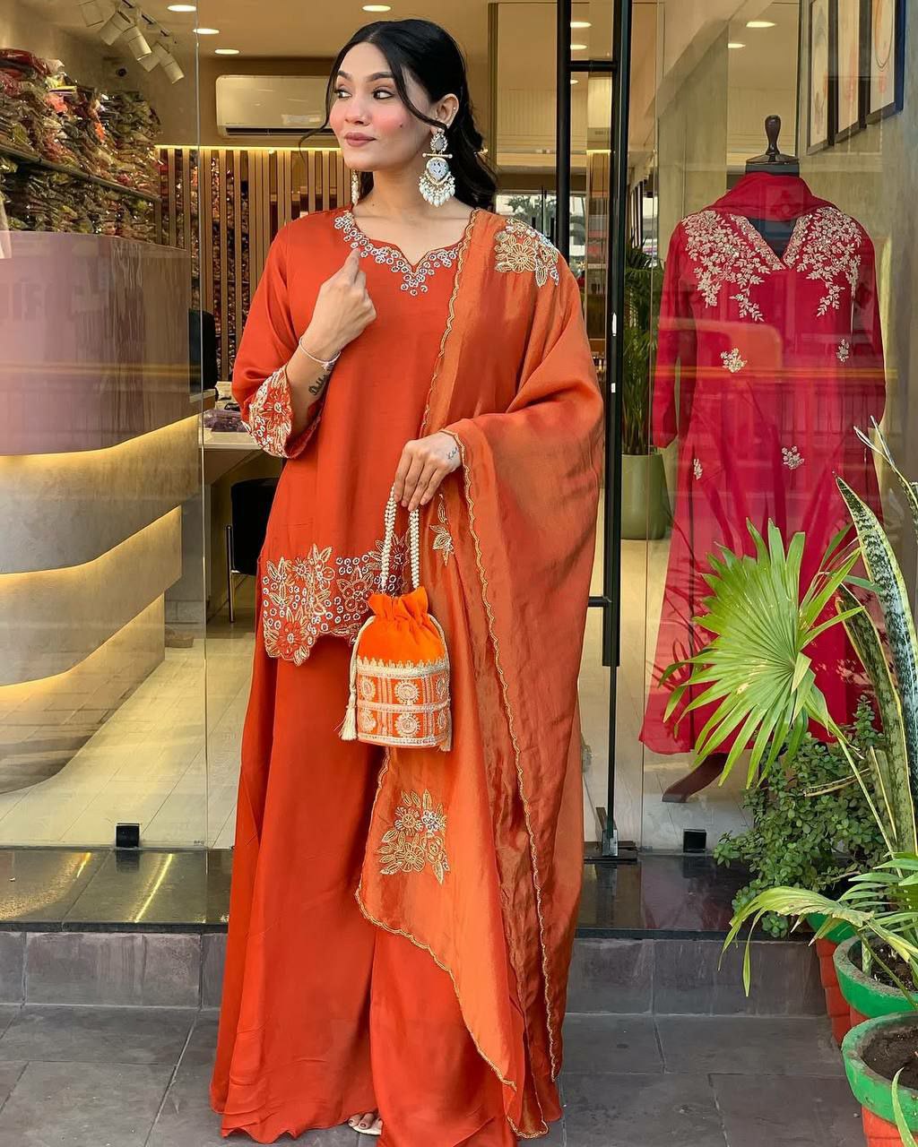 Prazu Fashion Designer Orange Georgette Embroidered Plazzo Suit - Swadesiicart