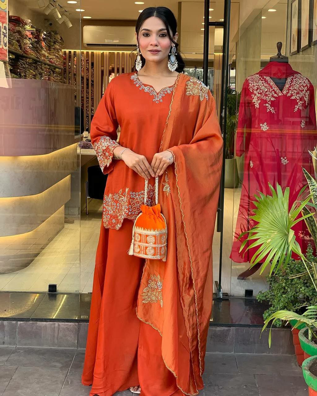 Prazu Fashion Designer Orange Georgette Embroidered Plazzo Suit - Swadesiicart