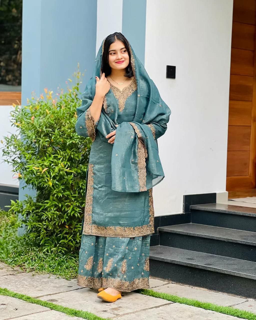 Prazu Fashion Sky Blue Heavy Crunchy Silk Embroidered Palazzo Suit - Swadesiicart