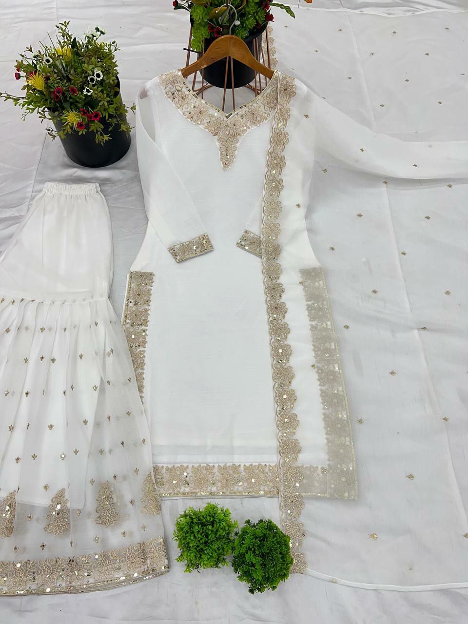 Prazu Fashion White Heavy Crunchy Silk Embroidered Palazzo Suit - Swadesiicart