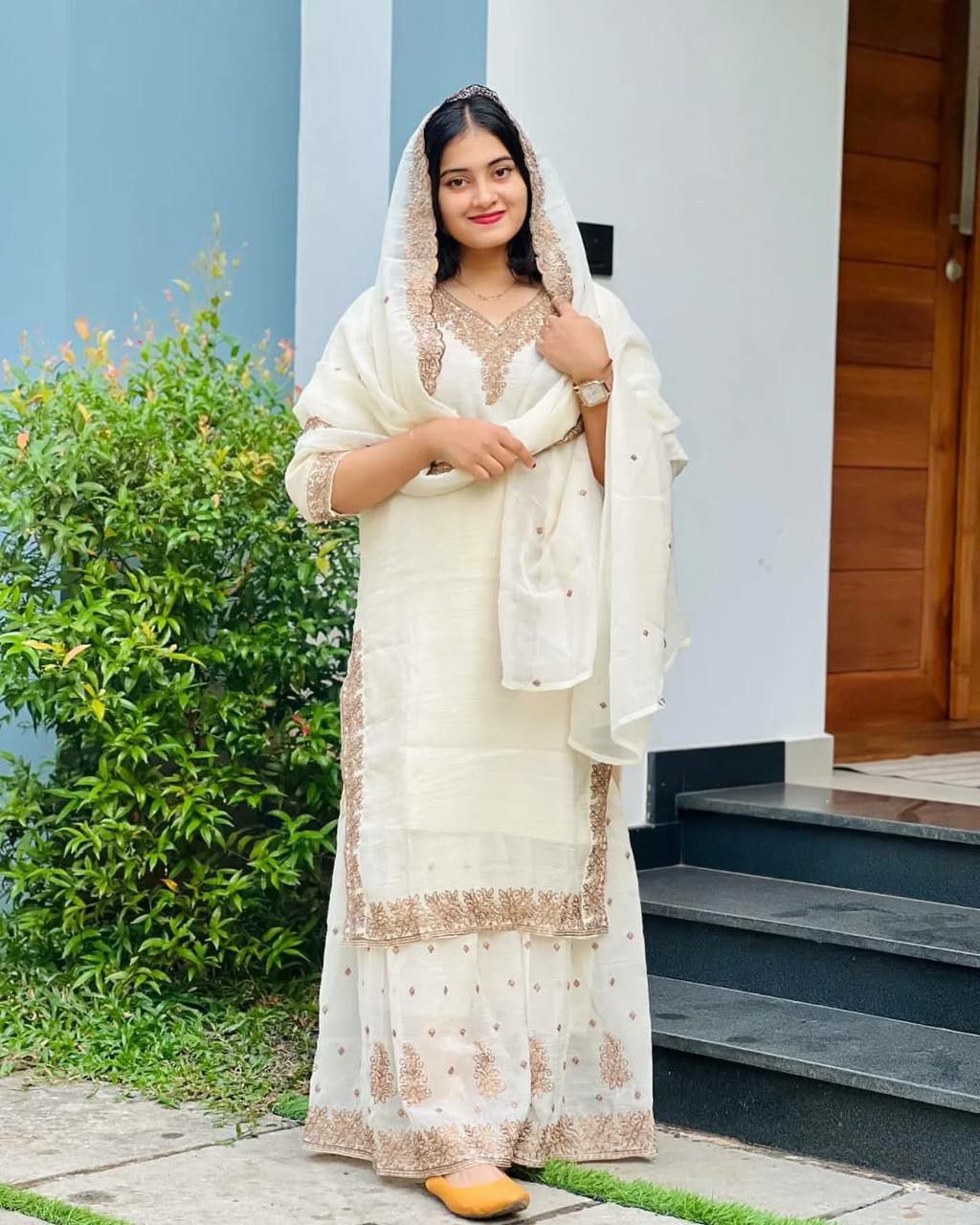 Prazu Fashion White Heavy Crunchy Silk Embroidered Palazzo Suit - Swadesiicart