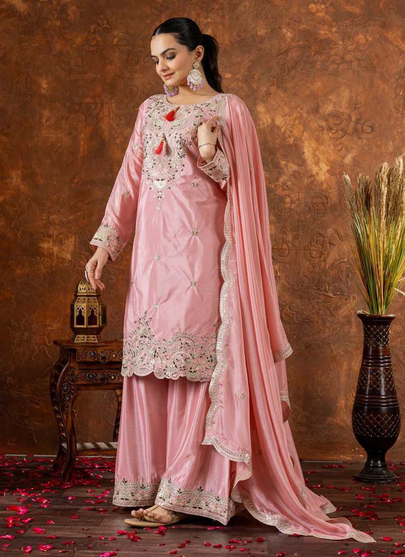 Prazu Fashion Baby Pink Chinon Silk Embroidered Codding Work Palazzo Suit - Swadesiicart
