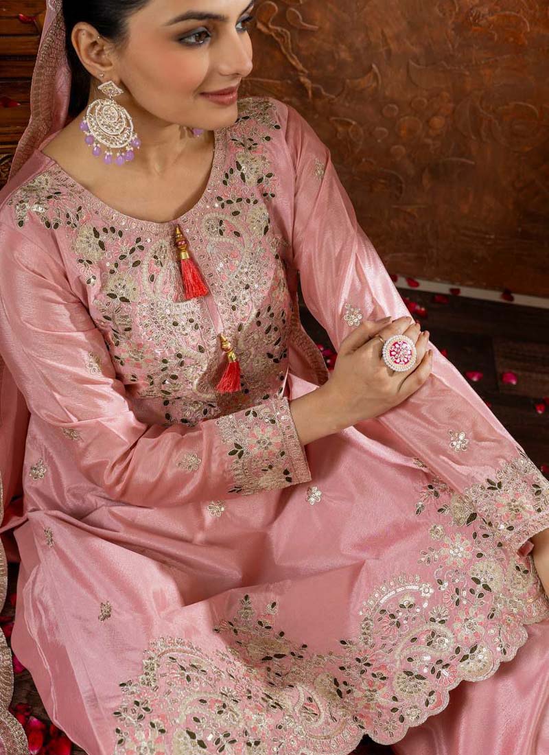 Prazu Fashion Baby Pink Chinon Silk Embroidered Codding Work Palazzo Suit - Swadesiicart
