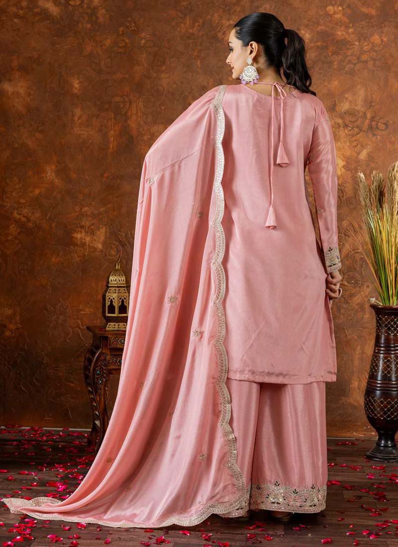 Prazu Fashion Baby Pink Chinon Silk Embroidered Codding Work Palazzo Suit - Swadesiicart