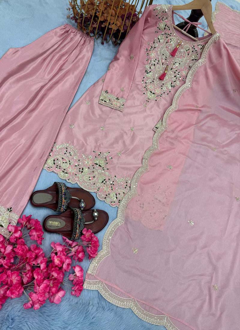 Prazu Fashion Baby Pink Chinon Silk Embroidered Codding Work Palazzo Suit - Swadesiicart