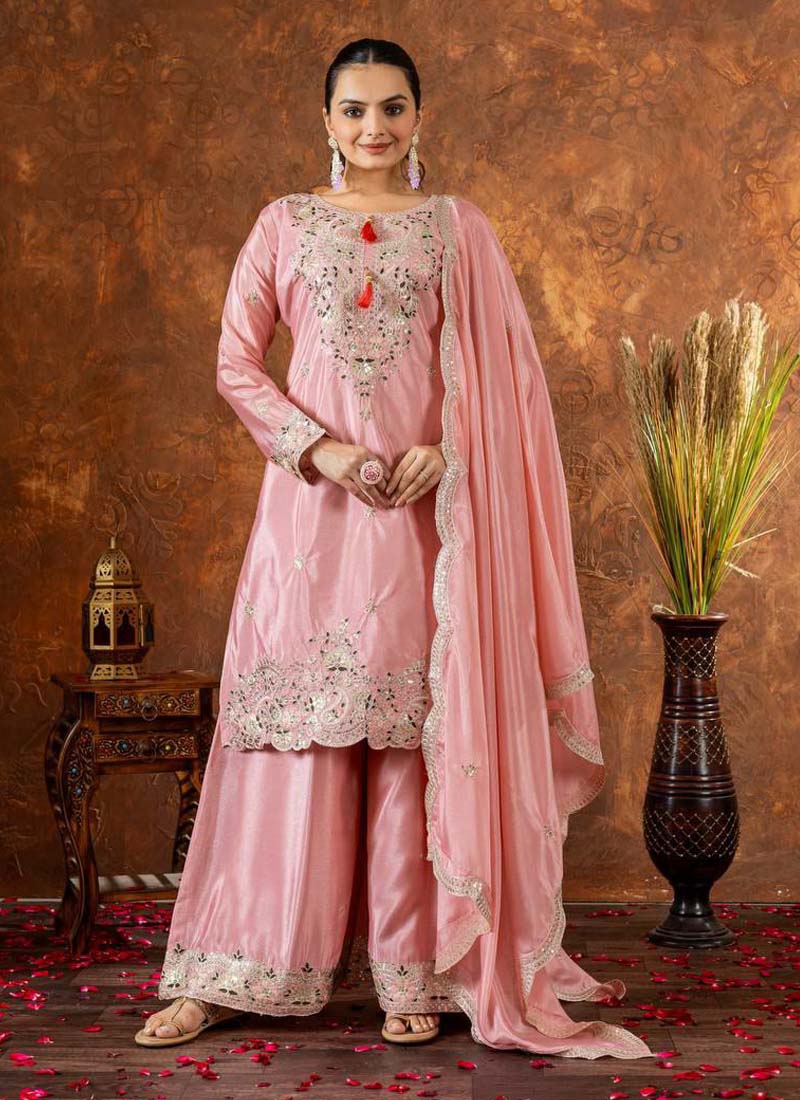 Prazu Fashion Baby Pink Chinon Silk Embroidered Codding Work Palazzo Suit - Swadesiicart