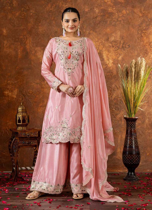 Prazu Fashion Baby Pink Chinon Silk Embroidered Codding Work Palazzo Suit - Swadesiicart
