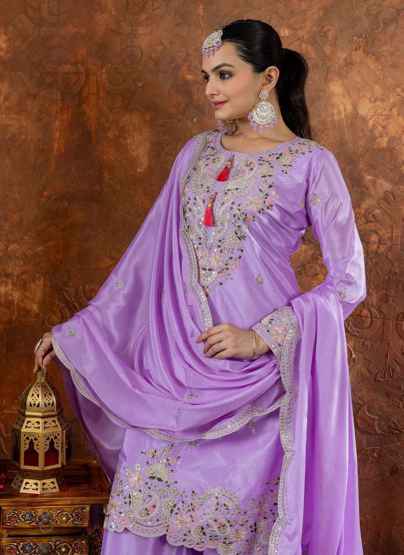 Prazu Fashion Lavender Chinon Silk Embroidered Codding Work Plazzo Suit - Swadesiicart